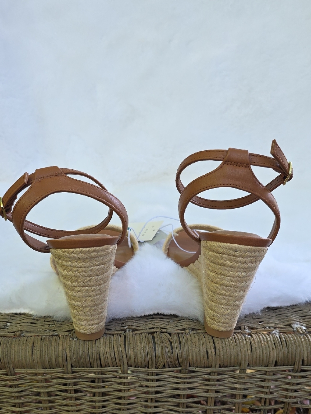 NWT Tan Natural Ankle Strap Espadrille Wedge Sandals Brown Heels Faux Leather 9 - Picture 13 of 17